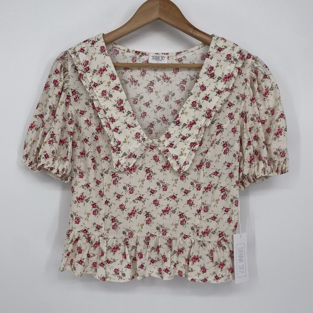 NWT Sienna Sky Floral Puff Sleeve Cropped Peplum Top Cottagecore Coquette Size L - Picture 2 of 10